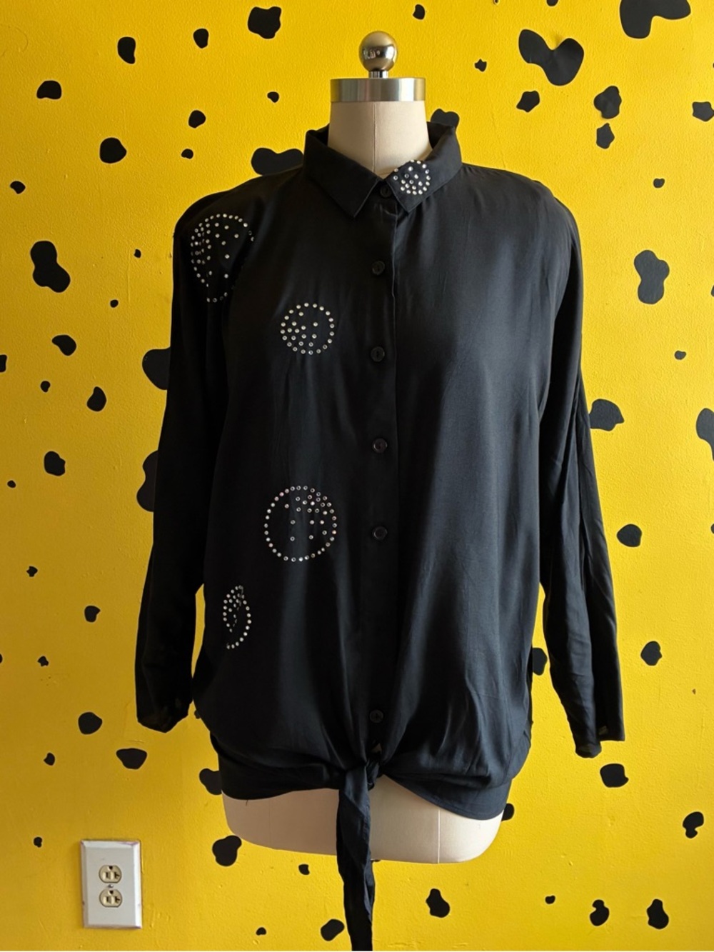 Vintage Black Button Up Blouse Womens Small Stud Detail Tie Front Soft Goth